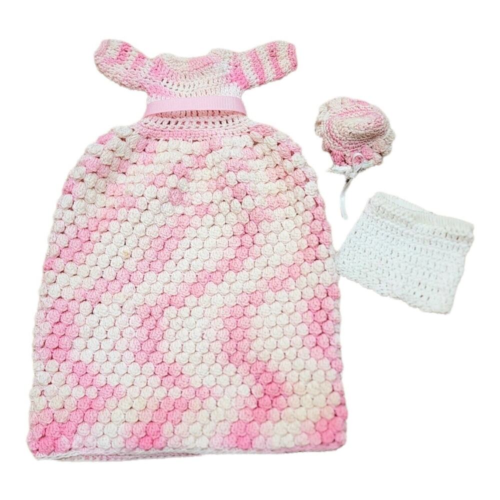 Vtg 1960's Hand Crocheted Gown Hat & Briefs Fits Barbie Homemade Veriegated Pink